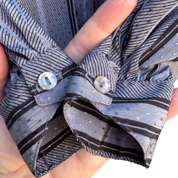 The Great American Short Story Vintage 70s Gray Striped Bow Puff Sleeve Blouse M - Picture 5 of 10